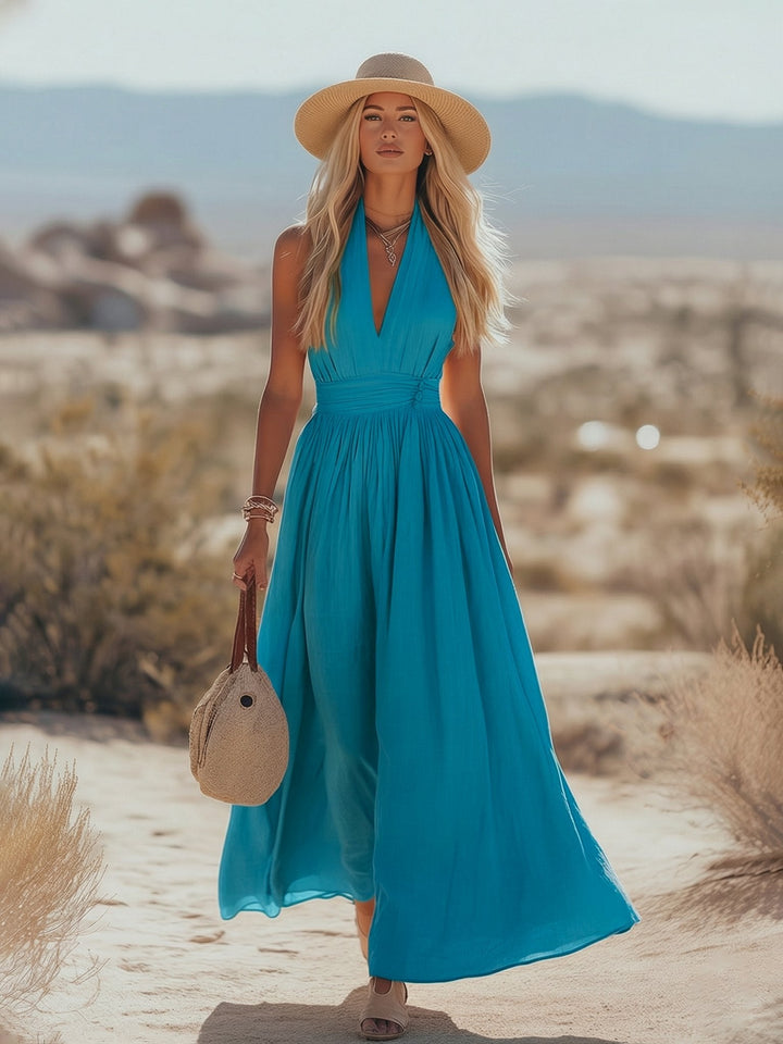 Comfortable flowing women's halterneck maxi dress. Perfect for summer casual wear or vacation.