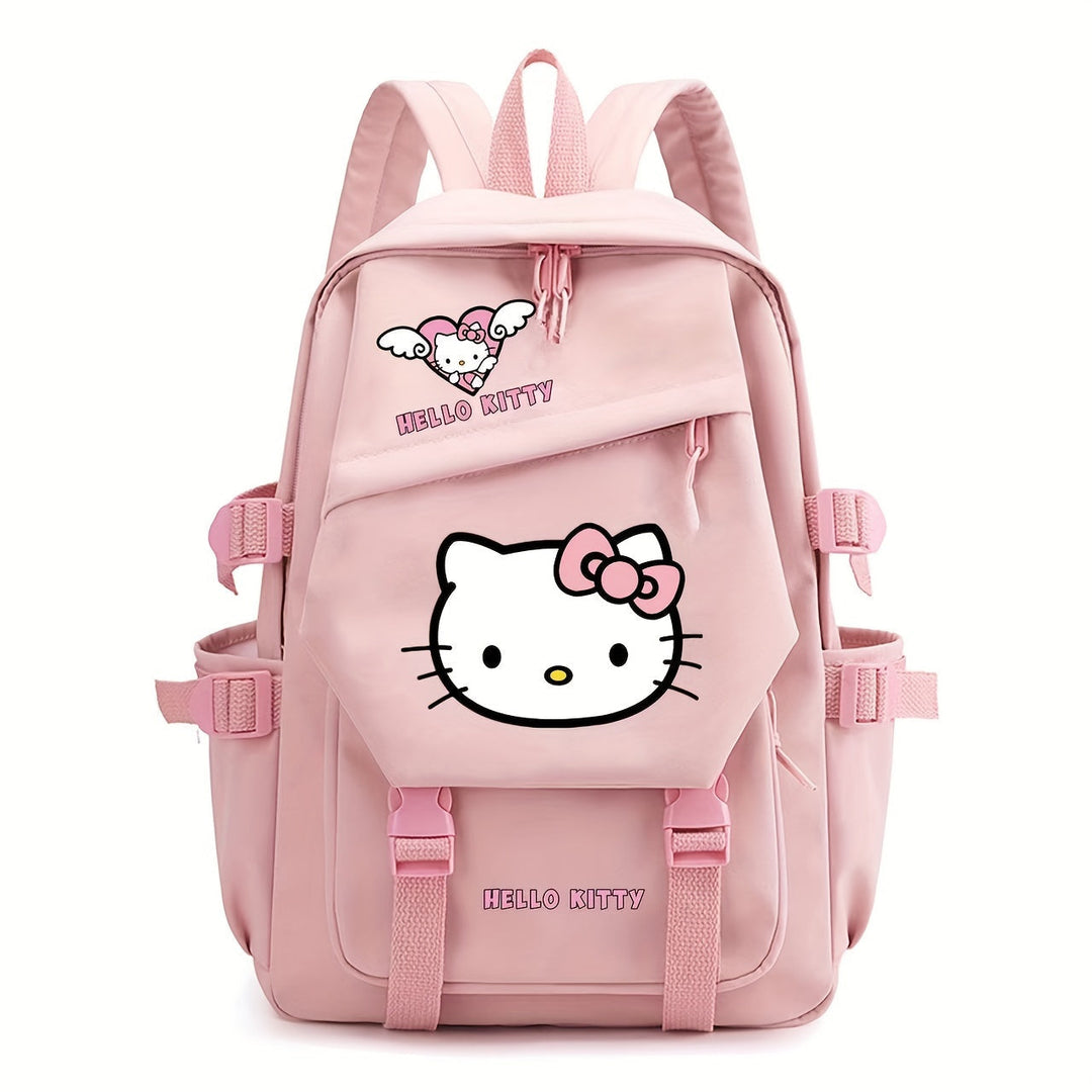Cute black Hello Kitty children's backpack with adjustable straps.