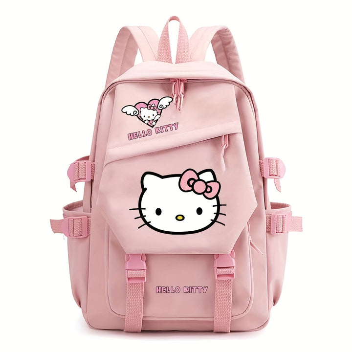 Cute black Hello Kitty children's backpack with adjustable straps.