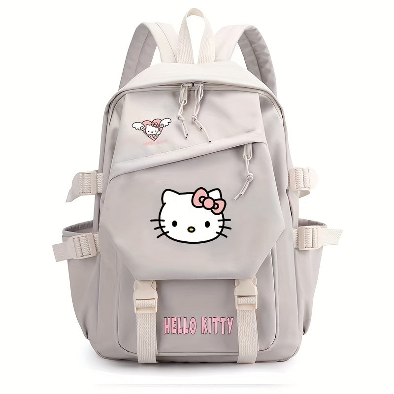 Sparkling white Hello Kitty nylon backpack, ideal for school days.