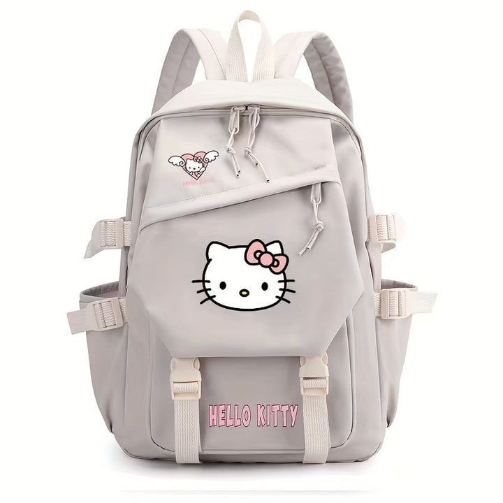 Sparkling white Hello Kitty nylon backpack, ideal for school days.