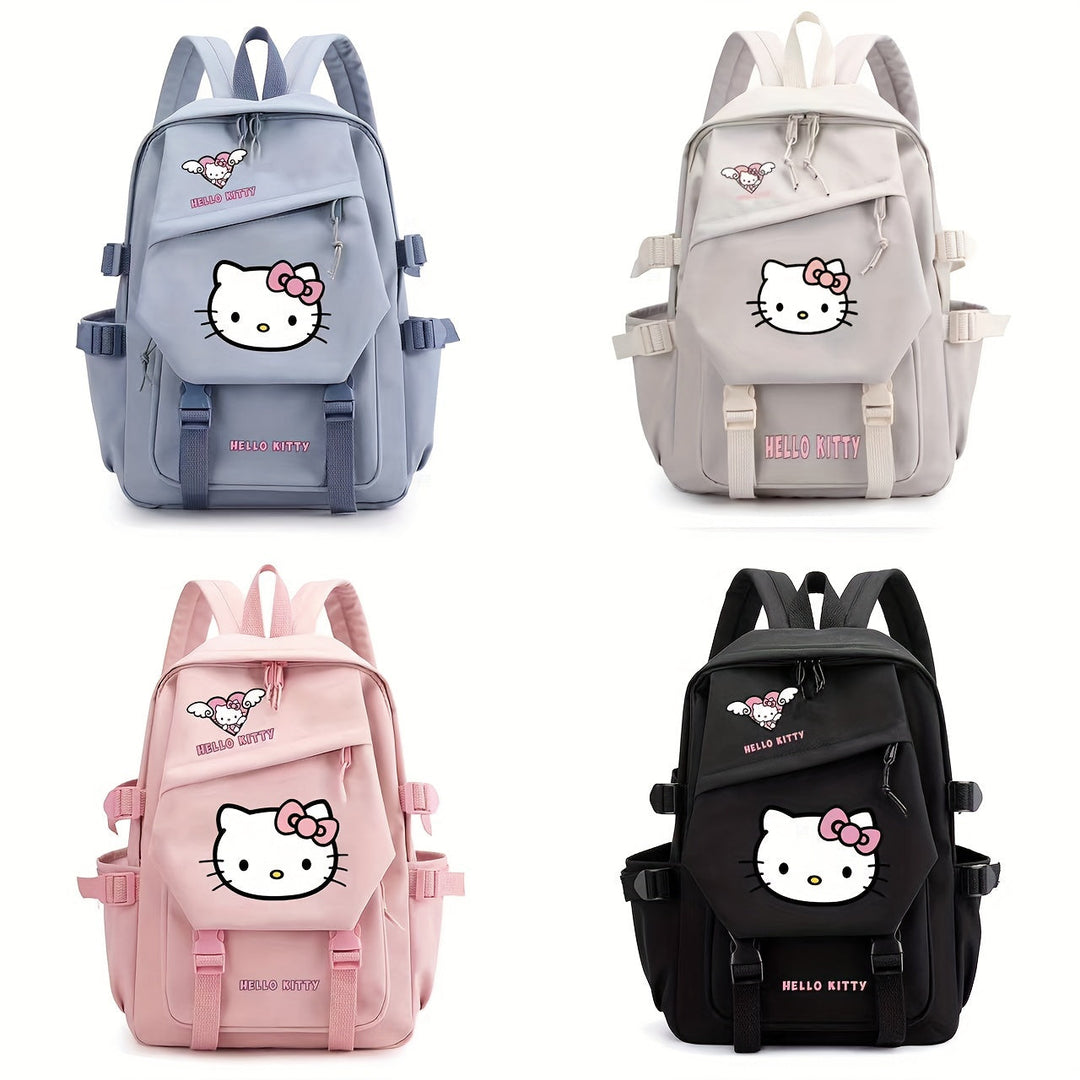 Versatile pink and black Hello Kitty backpack for school or travel fun.