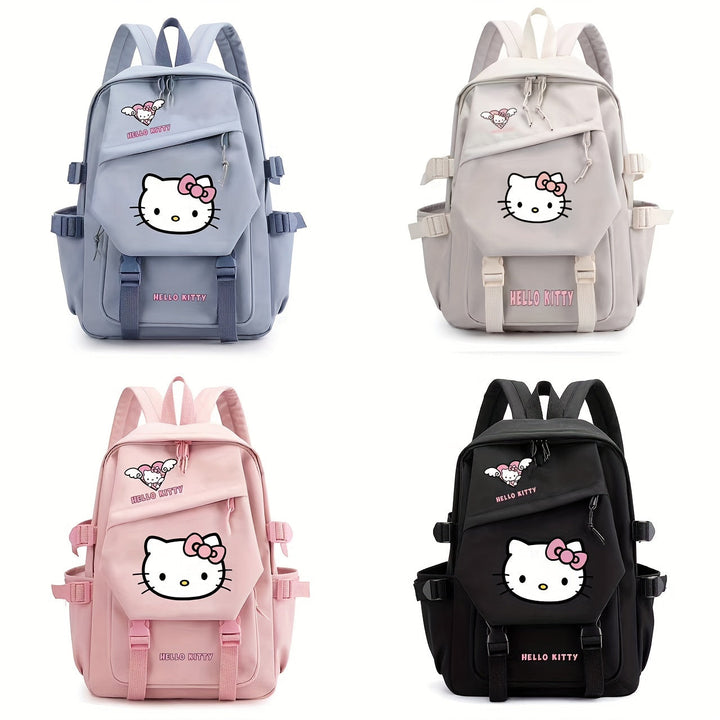 Versatile pink and black Hello Kitty backpack for school or travel fun.