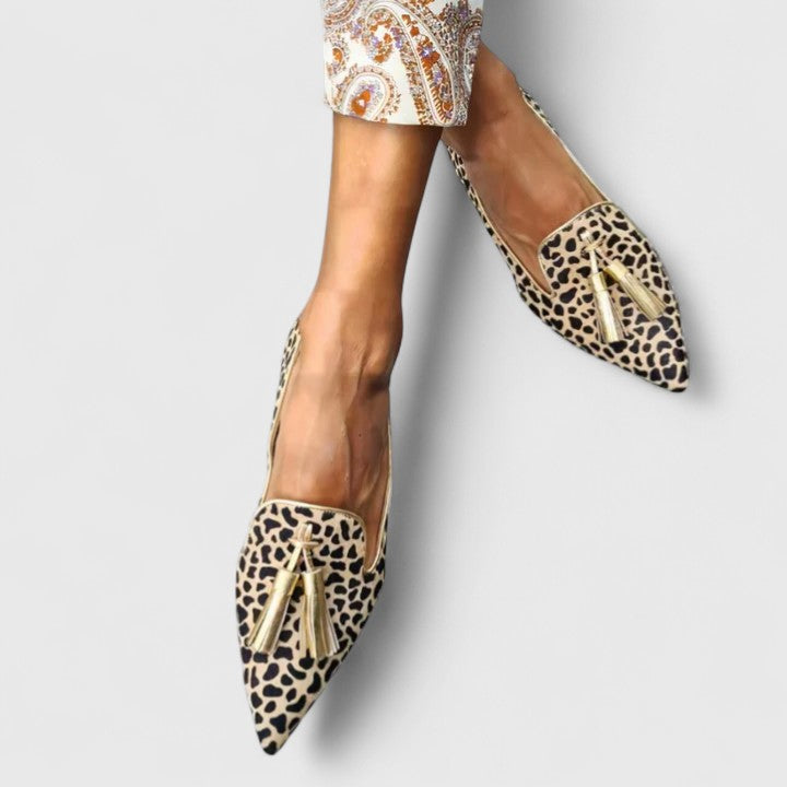 Stylish patterned pointed toe women's loafers, comfortable gold flat slip-on dress shoes for everyday wear.