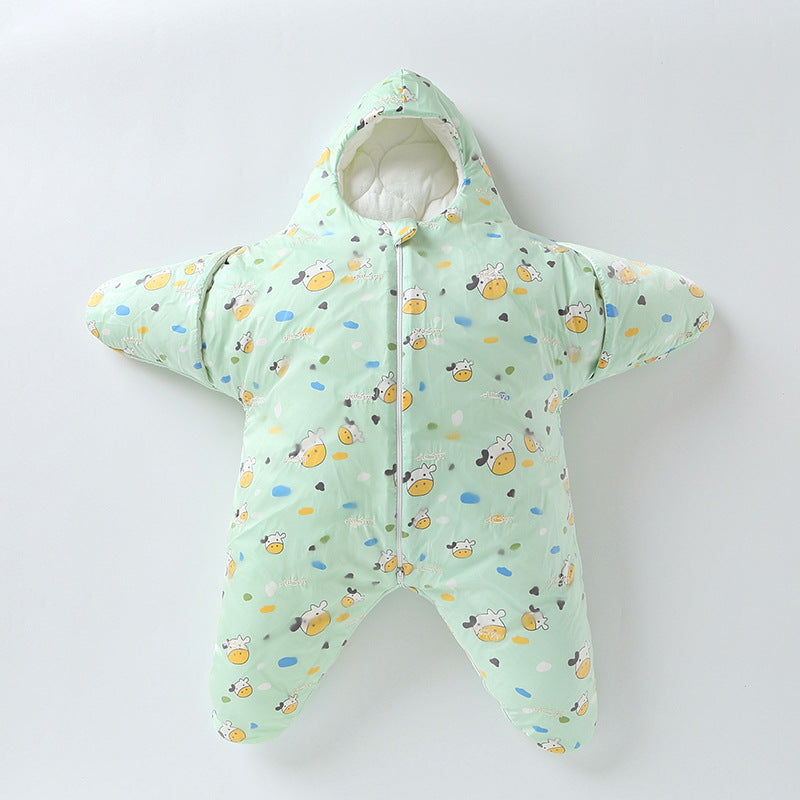 A snug baby sleeping bag shaped like a star, in a warm khaki color