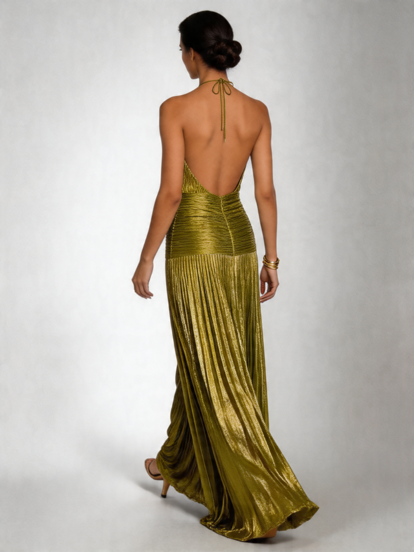 Women's formal maxi dress in green, featuring a halter neck, elegant pleats, and a stylish high slit.