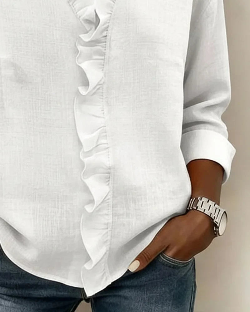 Stylish pink women's ruffle V-neck long-sleeve blouse. Relaxed fit, chic for spring office or casual style.