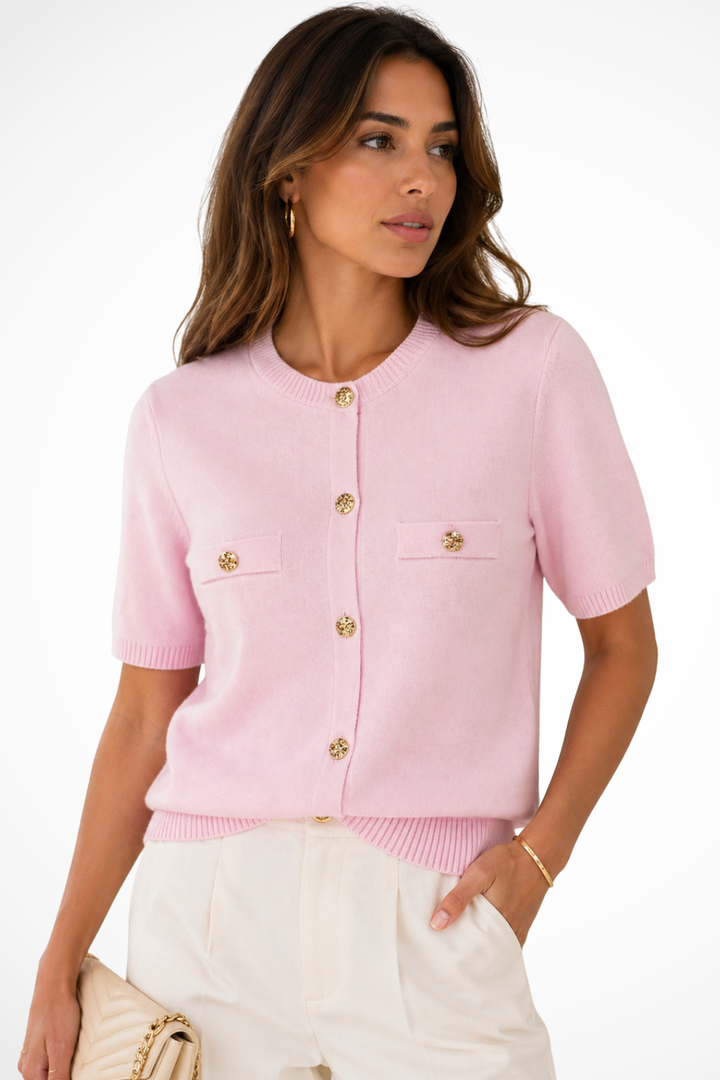 Pink women's short sleeve cardigan with elegant gold buttons & functional pockets for summer layering.