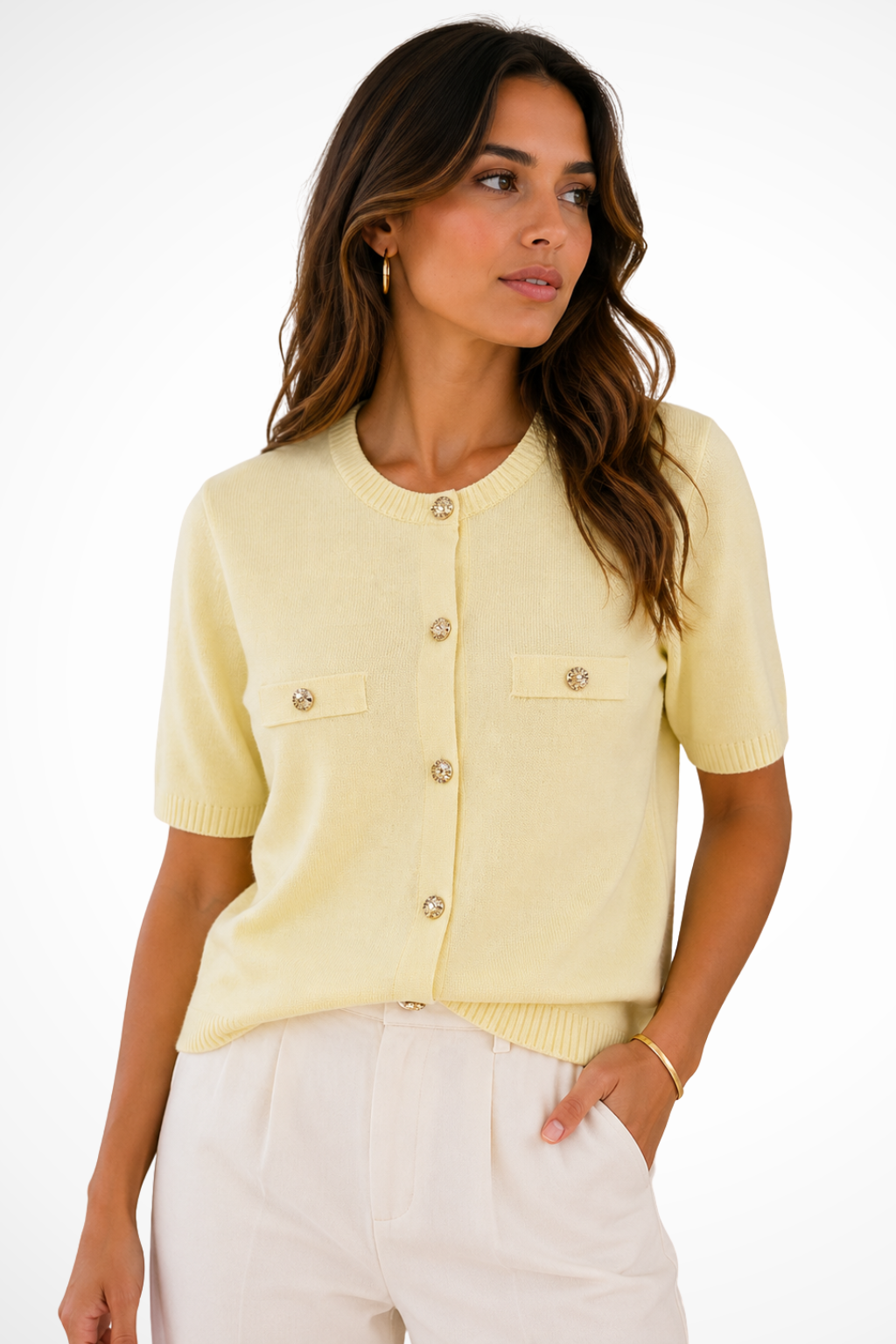 Chic yellow women's short sleeve cardigan with a round neck, gold buttons, & front pockets.