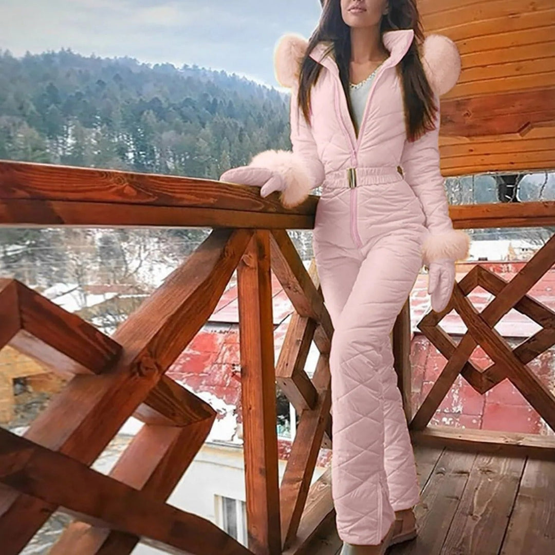 Black ski wear outfit for women, focus on durable winter clothing