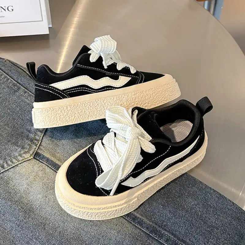 Playful khaki & black kids sneakers, easy-on & comfy for active boys & girls; everyday junior shoes.