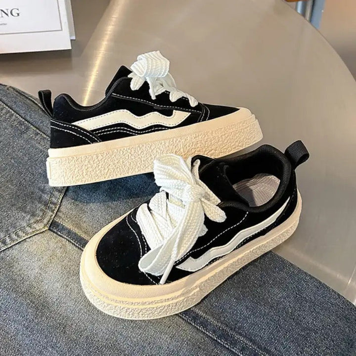 Playful khaki & black kids sneakers, easy-on & comfy for active boys & girls; everyday junior shoes.