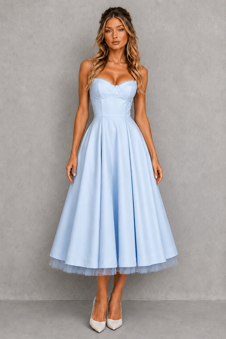 Women's plus size elegant corset midi dress, sweetheart neckline, ideal for evening parties & events.