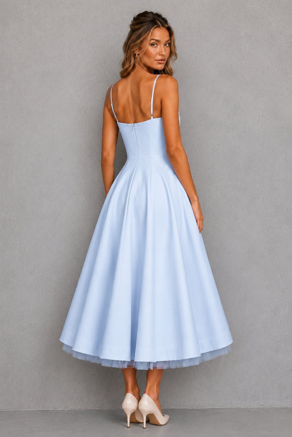 Structured plus size corset midi dress for women, elegant design with a flattering sweetheart neckline.
