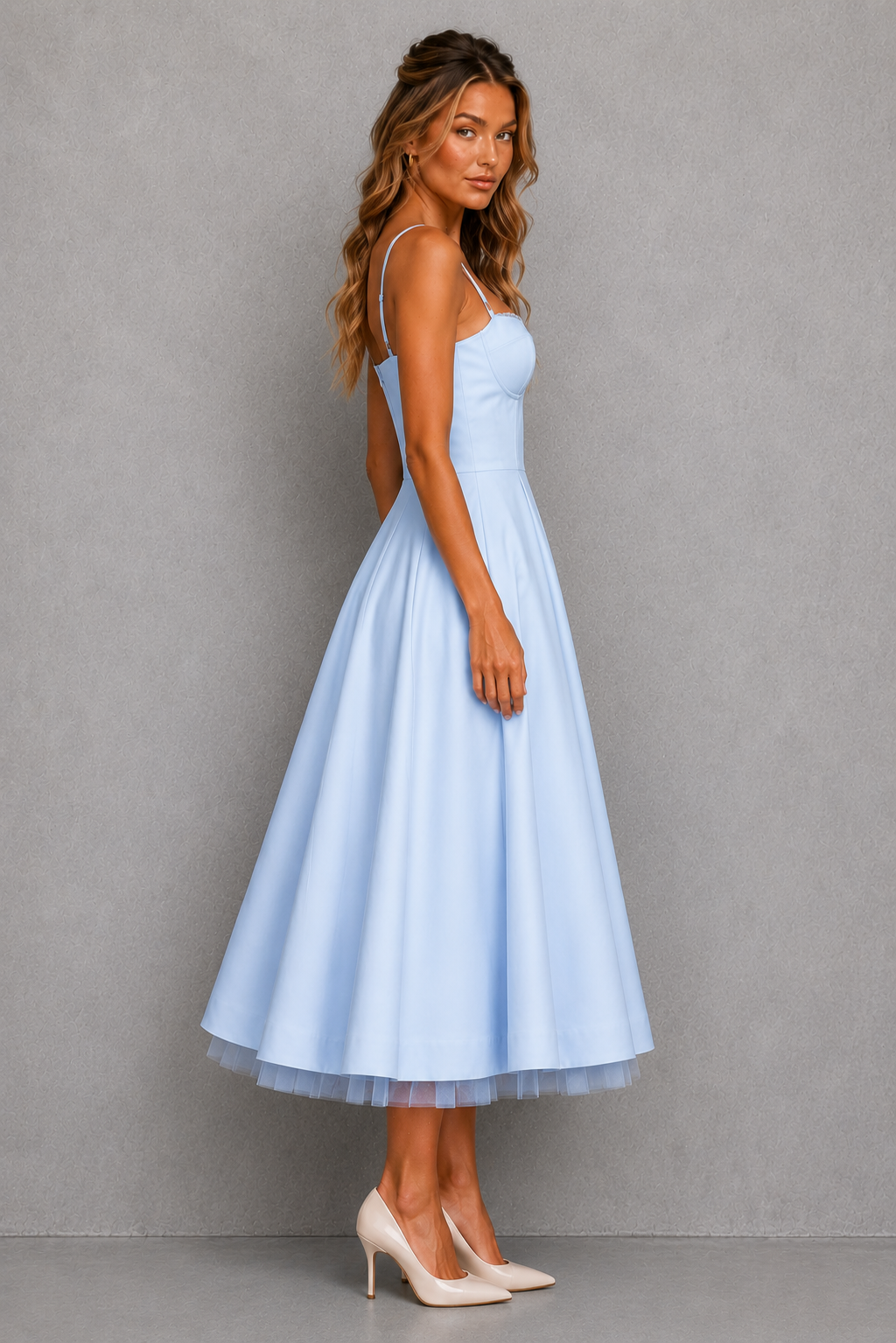 Chic plus size women's corset midi dress, ideal wedding guest attire or for formal events.