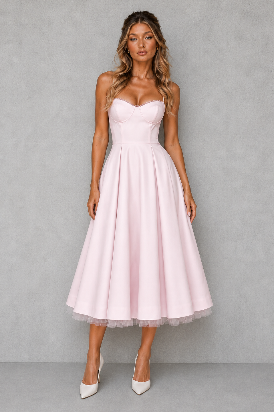 Women's formal plus size corset midi dress, elegant, structured, with a beautiful sweetheart neckline detail.