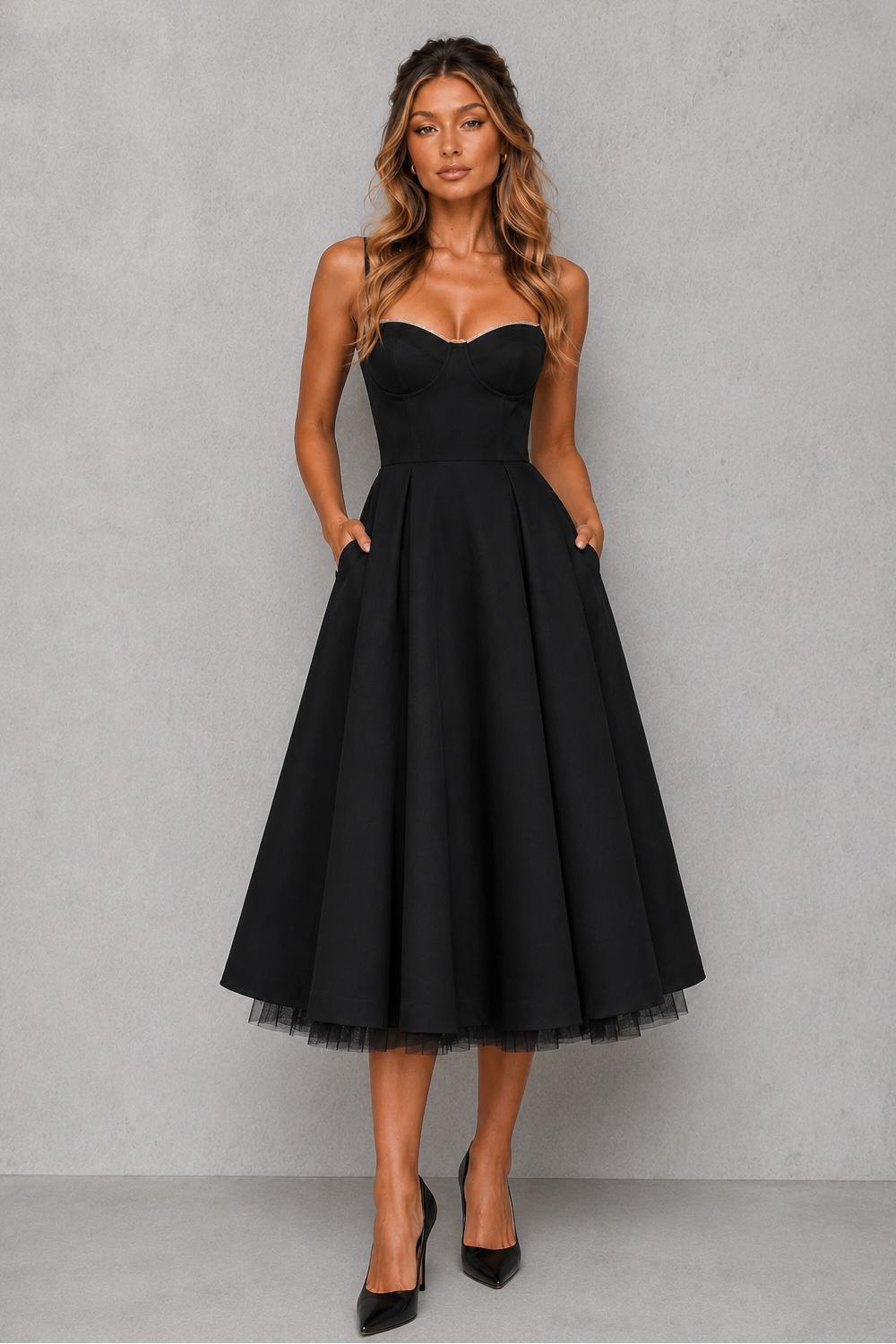 Wedding guest plus size corset midi dress, elegant and structured with a flattering sweetheart neckline.
