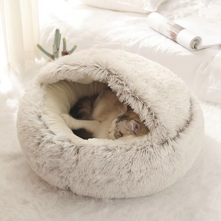 Plush 2-in-1 cat bed and hideaway cave for cozy comfort. Ideal washable pet bed for cats.