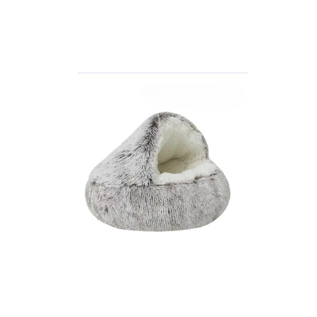 Soft plush 2-in-1 cat bed and pet cave, offering a cozy hideaway. Washable for easy care.