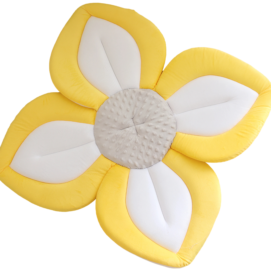 Close-up of the plush baby shower bath seat, highlighting its soft petals for comfort