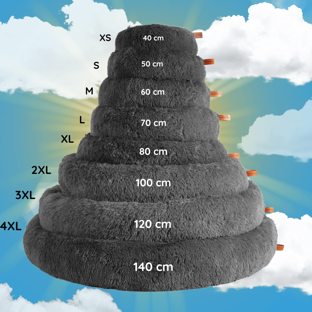 Plush calming donut dog bed for anxiety relief. Fluffy faux fur, washable, and super comfortable.