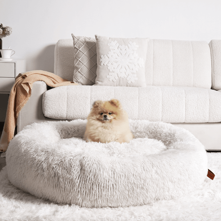Comforting pet bed: a fluffy donut dog bed promoting anxiety relief and peaceful sleep for your canine.
