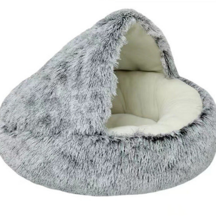 Versatile 2-in-1 hooded plush cat bed, transforming into a cozy pet cave. Ideal for warm, secure naps.