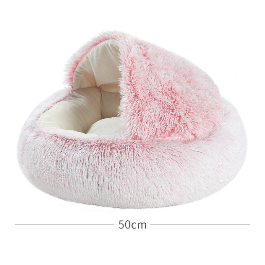 Soft, plush hooded cat bed and cuddle cave, perfect cat furniture for warmth and privacy. Washable design.