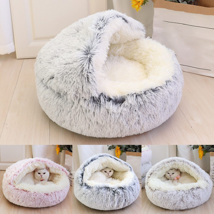 Cozy plush cat pet bed with hood, providing a warm and secure cuddle cave for your feline friend.