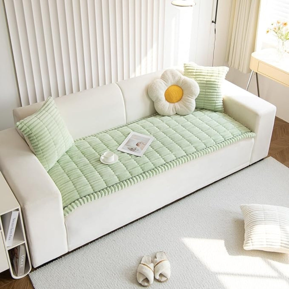 Washable plush fleece sofa protector, non-slip backing, clean and cozy living room.