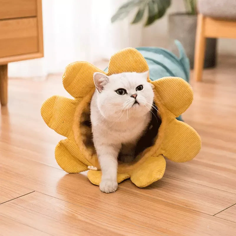 Interactive flower-shaped cat tunnel, plush pet toy for feline play, exploration & hideaway fun.