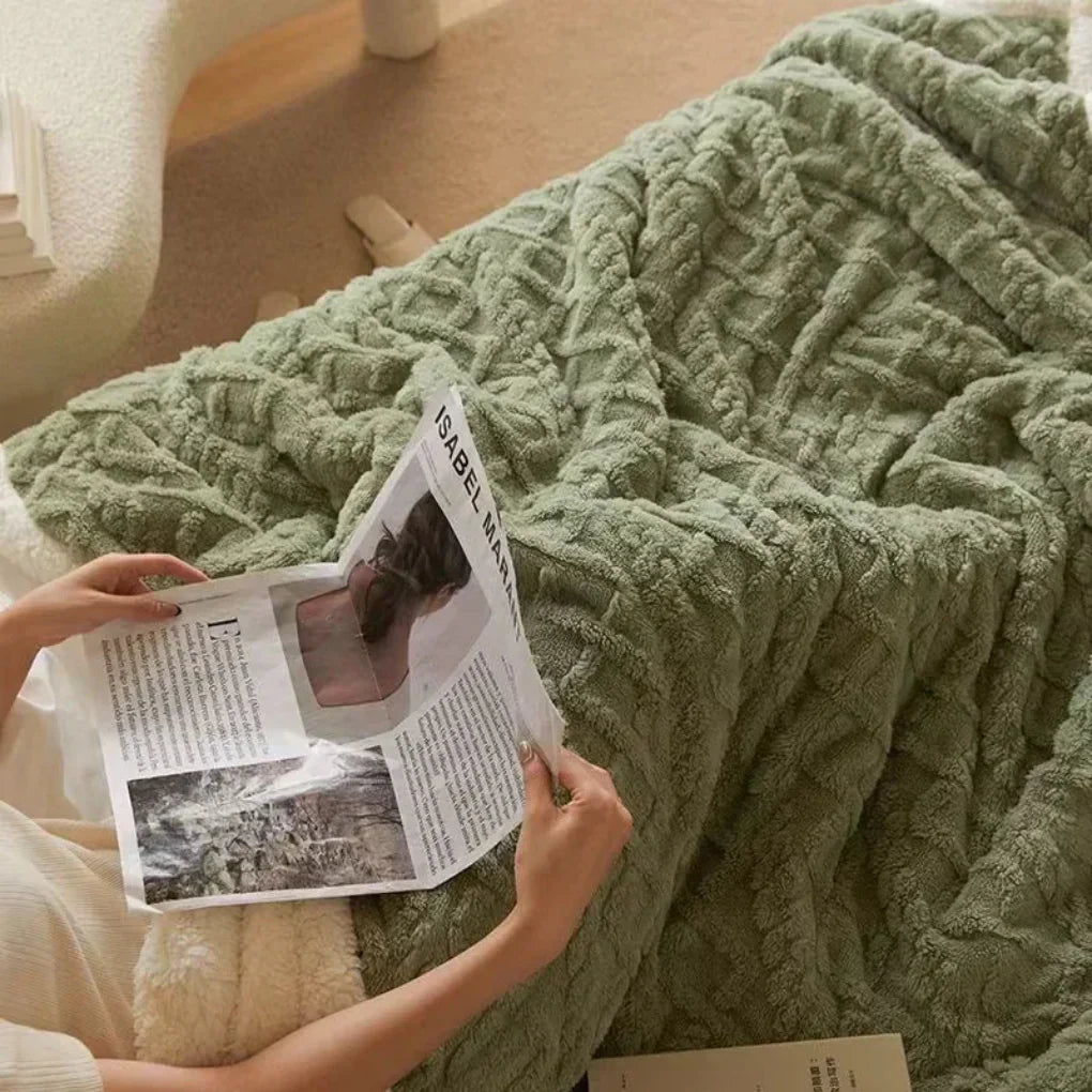 Cozy wool throw blanket, heavy knit & plush, ideal for living room comfort & warm winter snuggles.