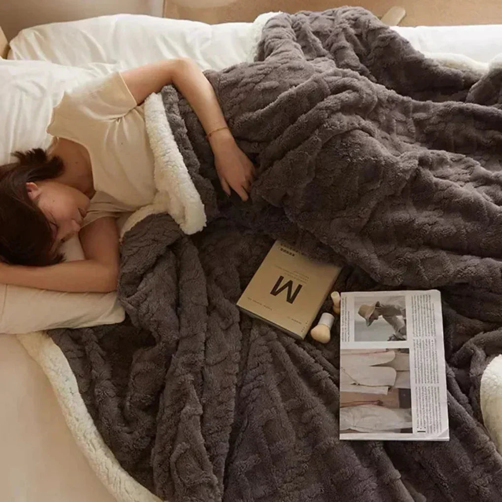 Elegant plush heavy knit wool throw blanket, ideal home decor, providing luxurious warmth & comfort.