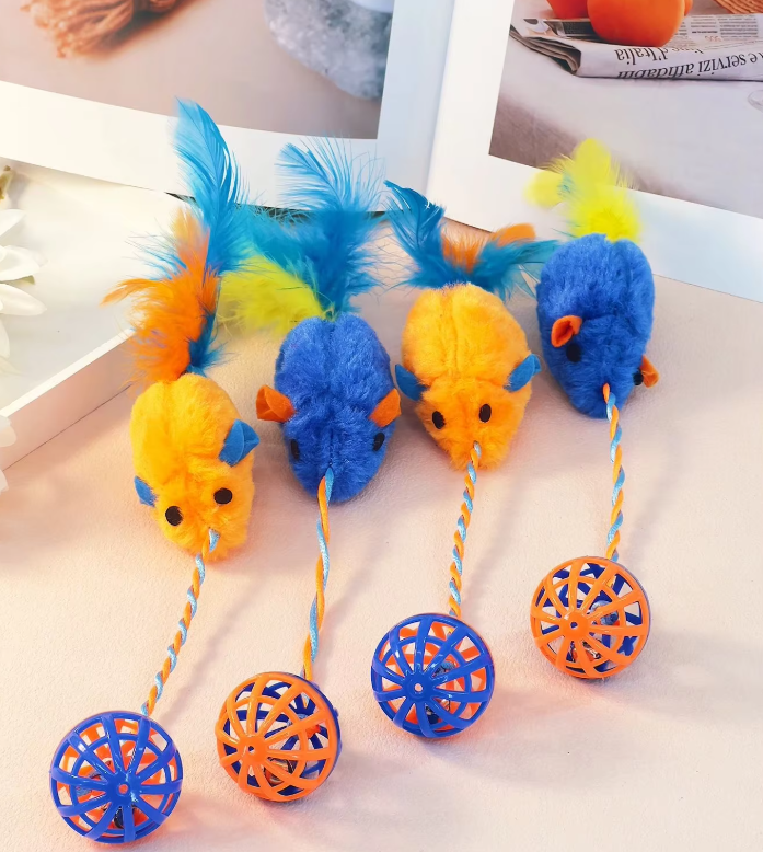 Interactive Cat Toy with Plush Mice & Feather Ball. Promotes cat exercise & playtime fun for your feline friend.