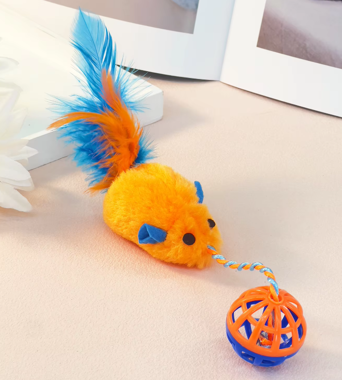 Durable Cat Toy Set: Plush Mice & Feather Ball. Perfect interactive cat gifts for endless feline fun & exercise.