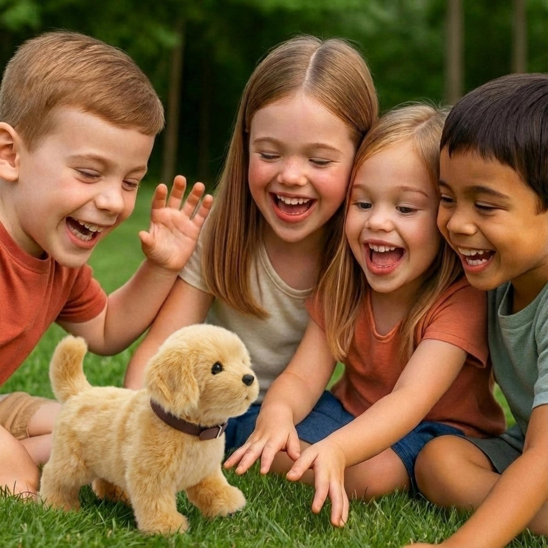 Cuddly electronic robot puppy toy with realistic movements, ideal for children's interactive and imaginative play.