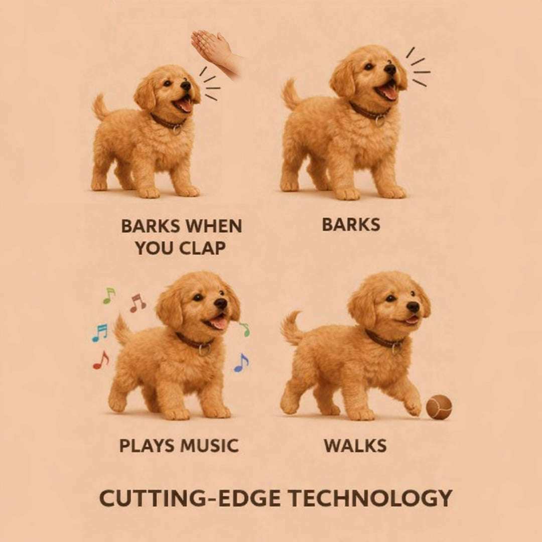 Soft plush robot puppy toy with realistic movements. An interactive electronic pet designed for children's enjoyment.