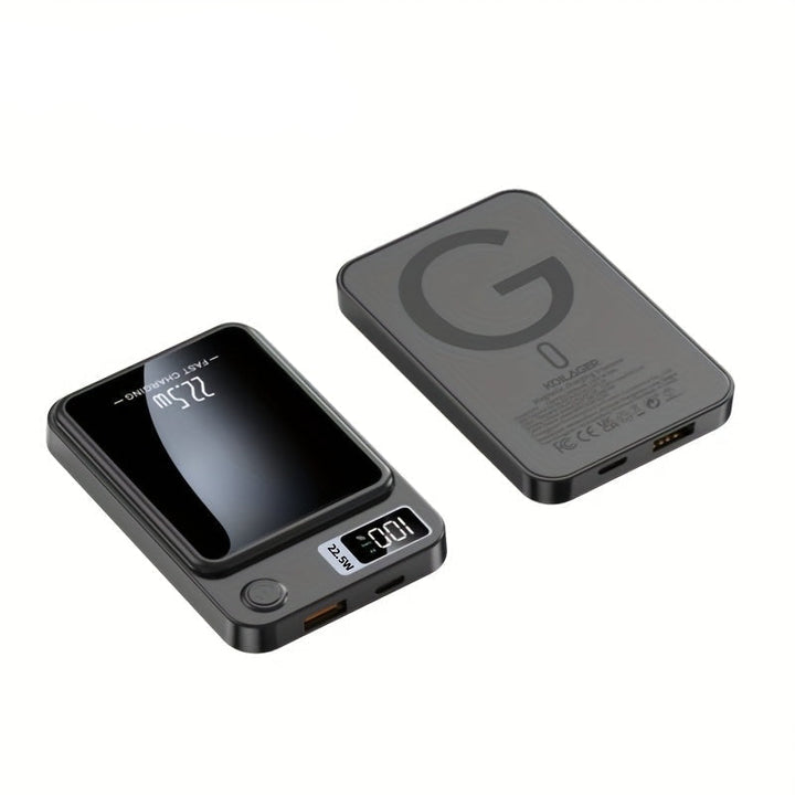 Portable 10000mAh magnetic wireless power bank for fast phone charging on the go. Essential tech gadget.