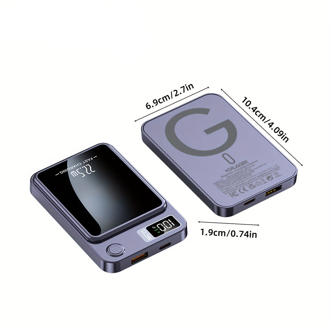 Sleek 10000mAh magnetic wireless power bank, a fast charging mobile accessory for travel.