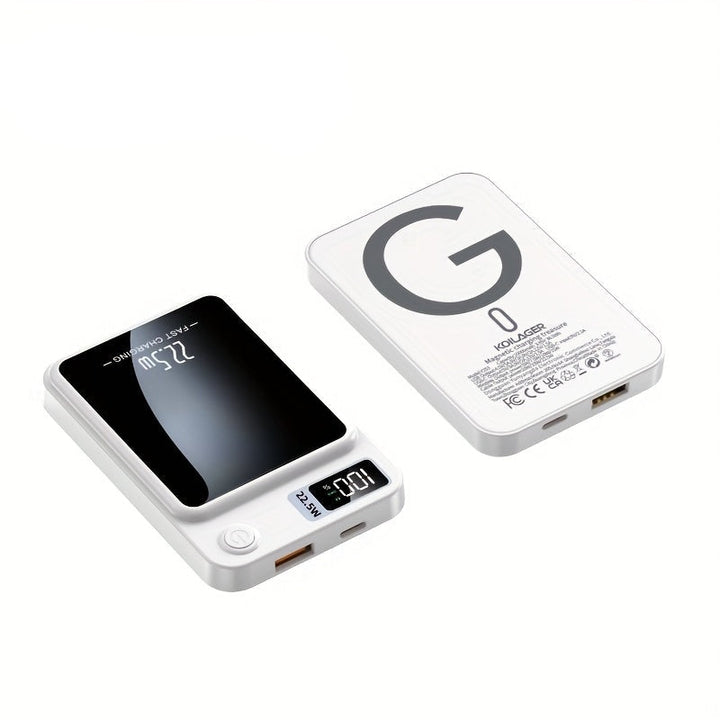 Compact 10000mAh magnetic wireless power bank for fast, portable charging. Ideal travel essential.