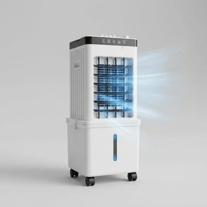 Compact portable air cooler and dehumidifier, ideal for personal room cooling and indoor comfort.