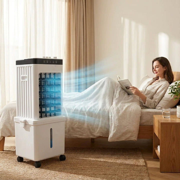 Energy-efficient portable fan, air cooler & dehumidifier with quiet operation for comfortable indoor climate.