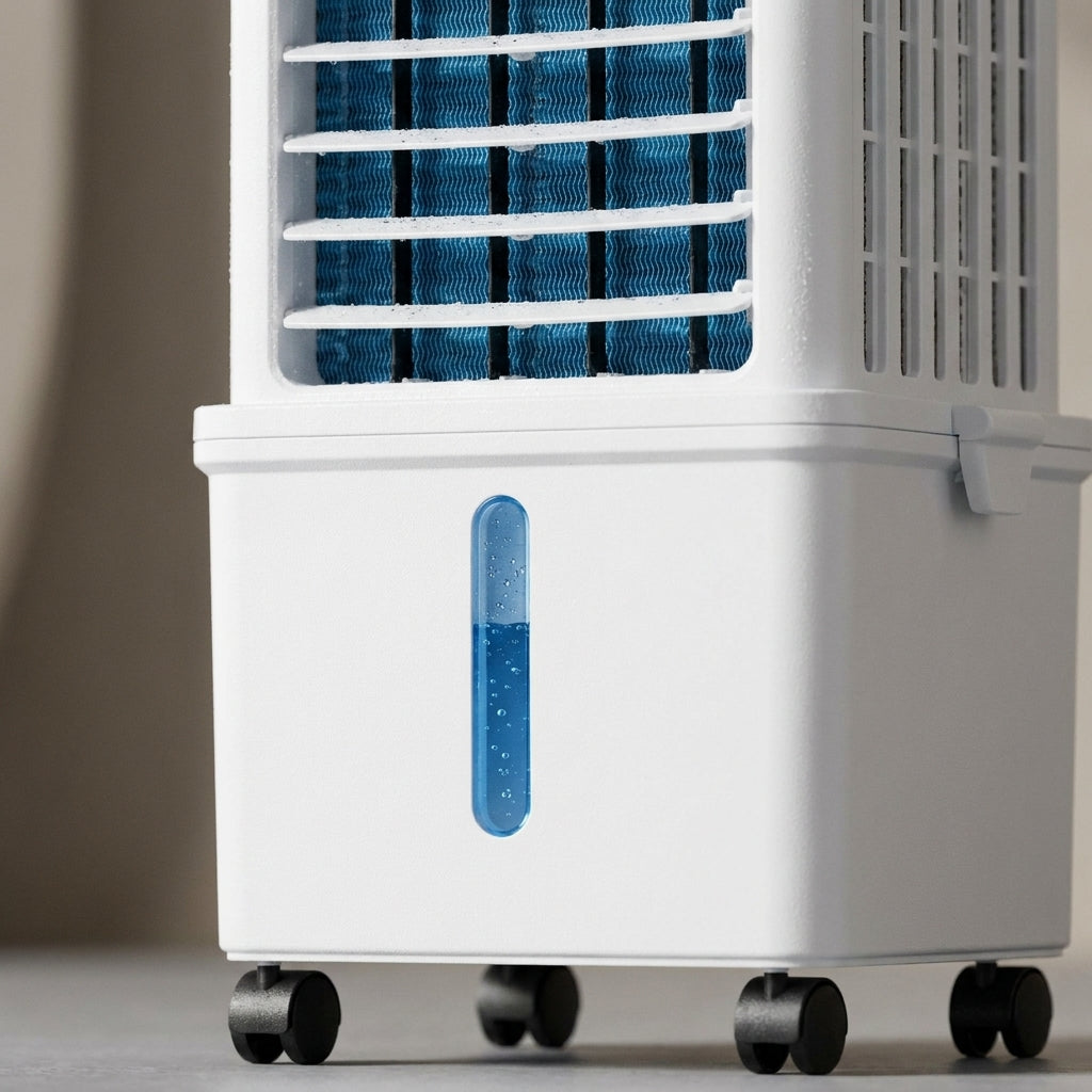 Modern portable air cooler, dehumidifier & fan for efficient home cooling and improved air quality.