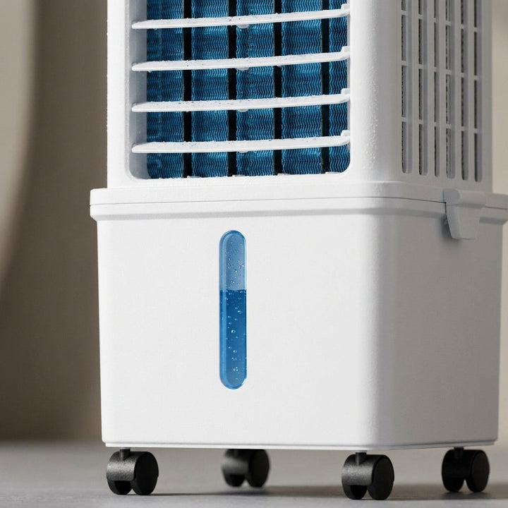 Modern portable air cooler, dehumidifier & fan for efficient home cooling and improved air quality.