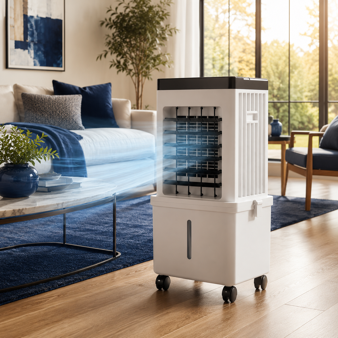 Portable 3-in-1 air cooler, humidifier, and purifier for personal comfort and indoor air quality.