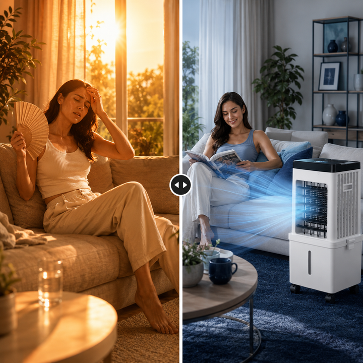 Compact portable air cooler fan providing quiet cooling and summer relief for any room.
