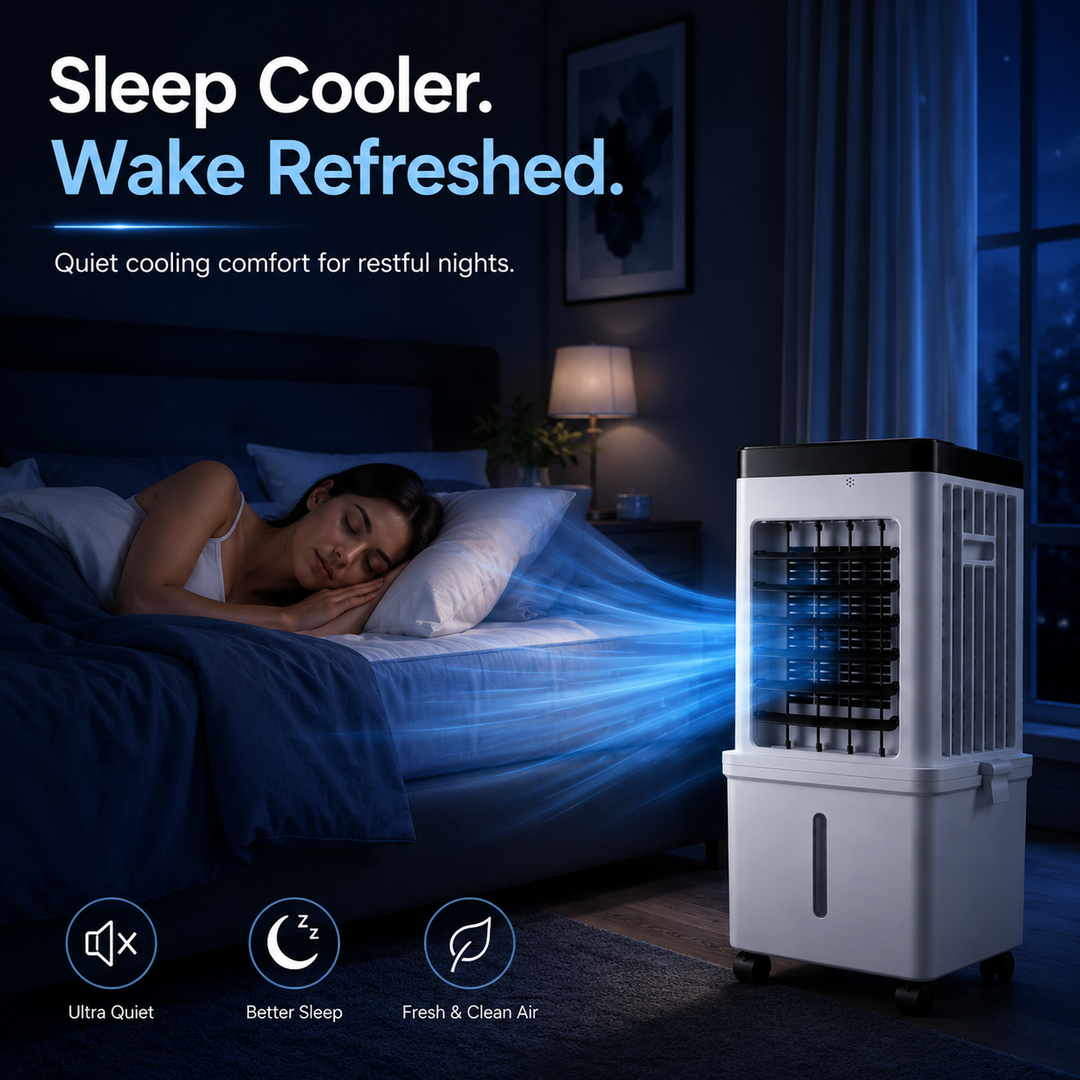 Quiet portable air cooler and humidifier, perfect for personal comfort and improved indoor air quality.