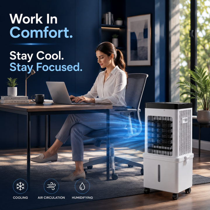 Mobile 3-in-1 air cooler, purifier & humidifier; an all-in-one solution for portable home cooling.