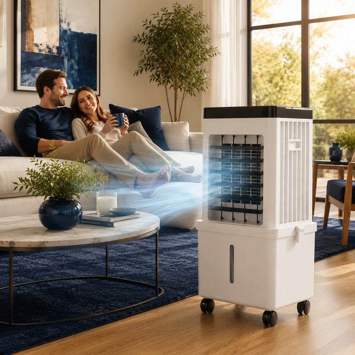 Portable air purifier and cooler for fresh, clean indoor air. Also functions as a humidifier.