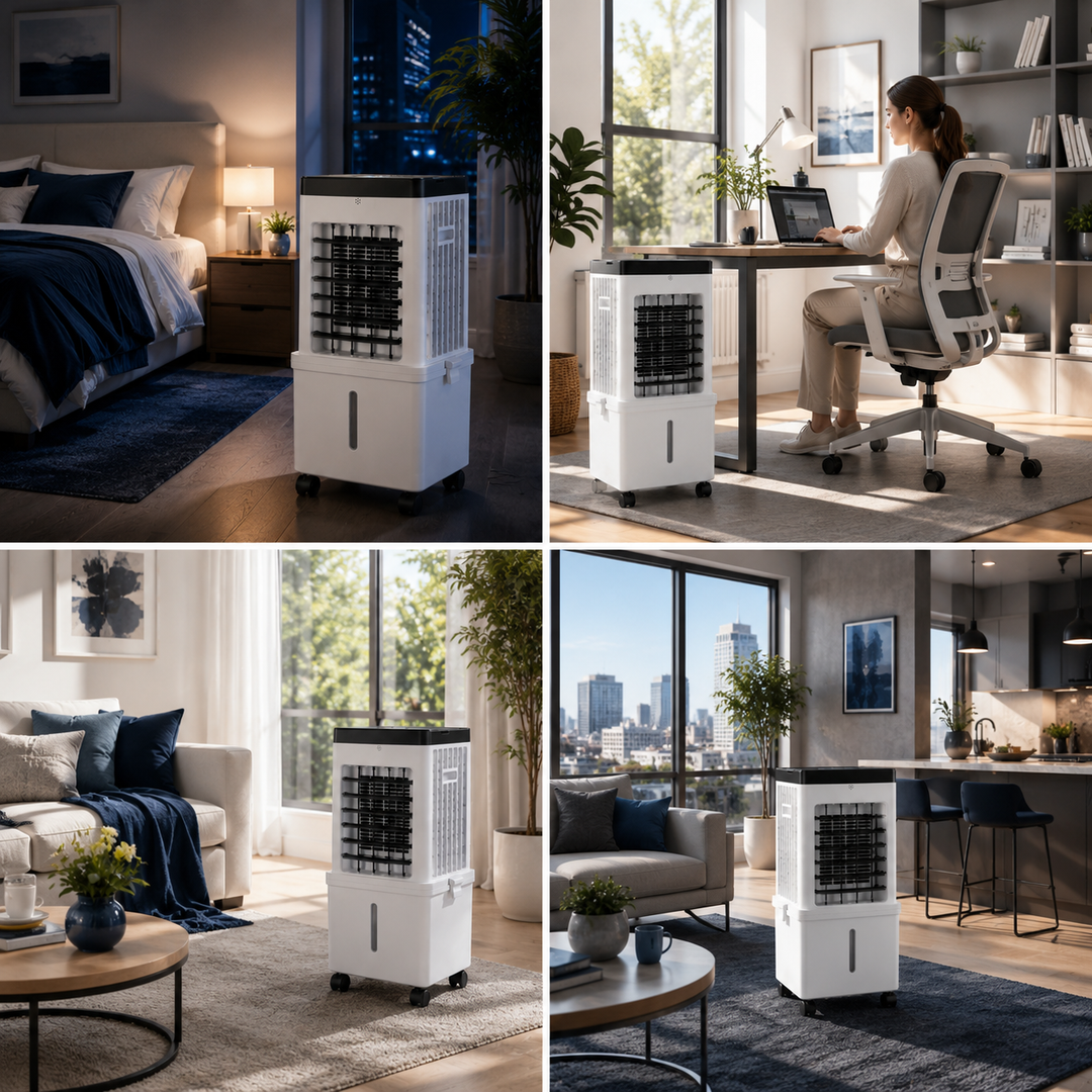 Efficient portable 3-in-1 fan for summer relief, providing cooling, humidifying, and air purification.